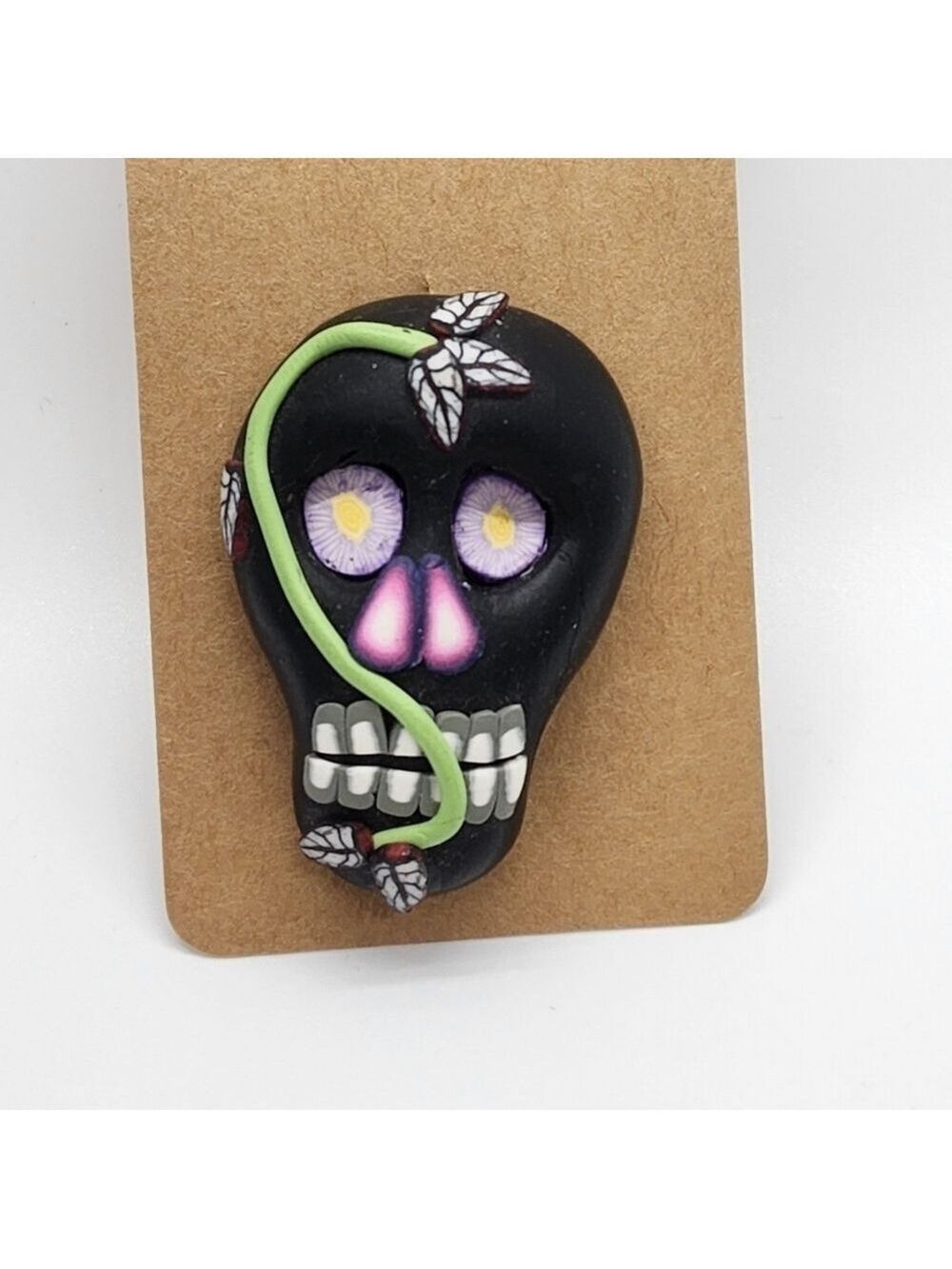 Sugar Skull Day of the Dead polymer clay brooch pin handmade artist signed